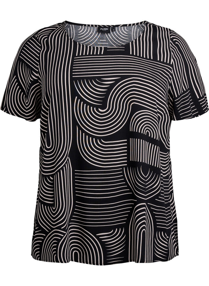 FLASH – Kurzarmbluse aus Viskose mit Aufdruck, Schwarz, Packshot image number 0