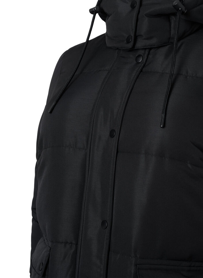 Lange Pufferjacke mit Taschen und Kapuze, Schwarz, Packshot image number 2
