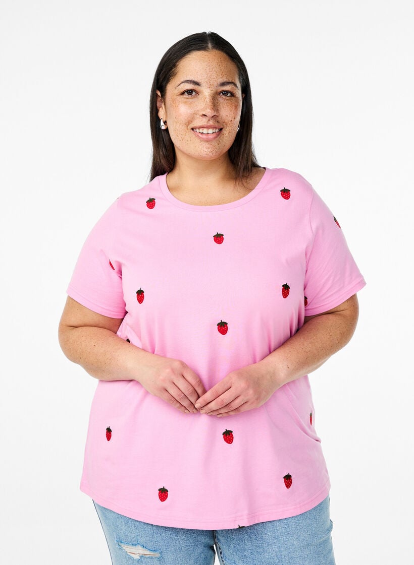 T-Shirt aus Bio-Baumwolle mit aufgestickten Motiven, Pink, Model image number 0