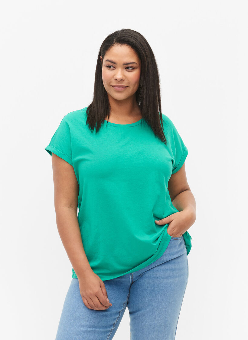 Kurzärmeliges T-Shirt aus einer Baumwollmischung, Emerald Green, Model