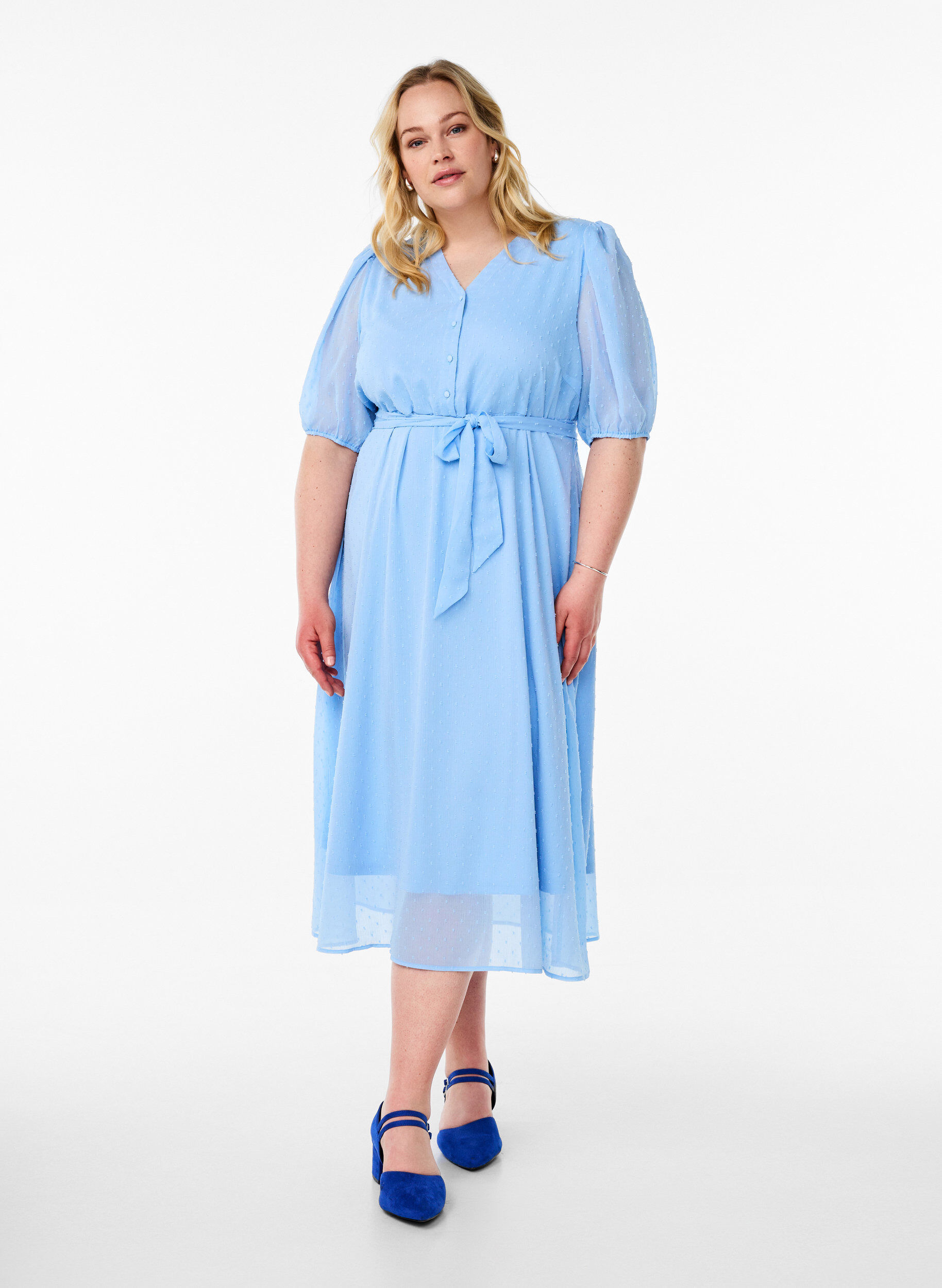 Midi-Kleid mit V-Ausschnitt und Bindeband, Blau, Model