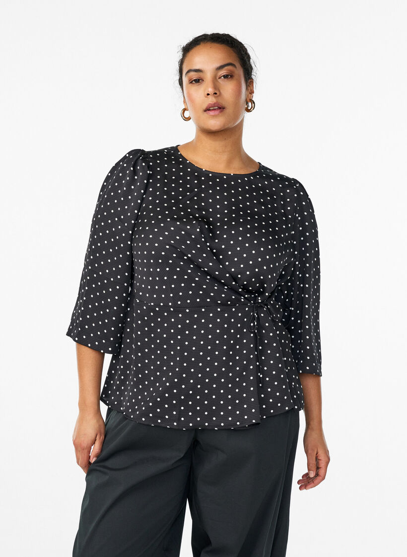 Gepunktete Bluse mit Bindeband und 3/4-&Auml;rmeln, Schwarz, Model image number 0