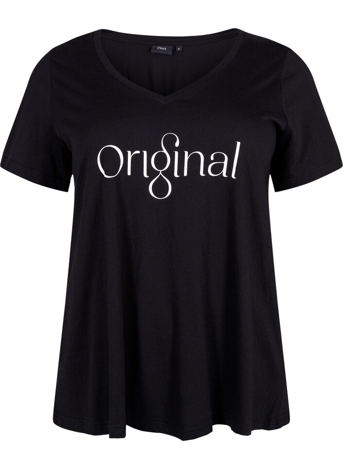 T-Shirt aus Baumwolle mit Druck und V-Ausschnitt , Black ORI, Packshot image number 0