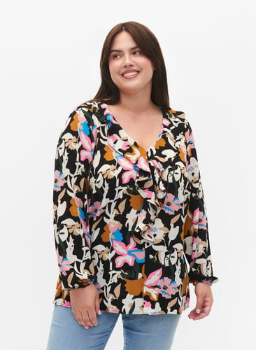 Bedruckte Bluse mit Rüschen , Black Multi Flower, Model image number 0