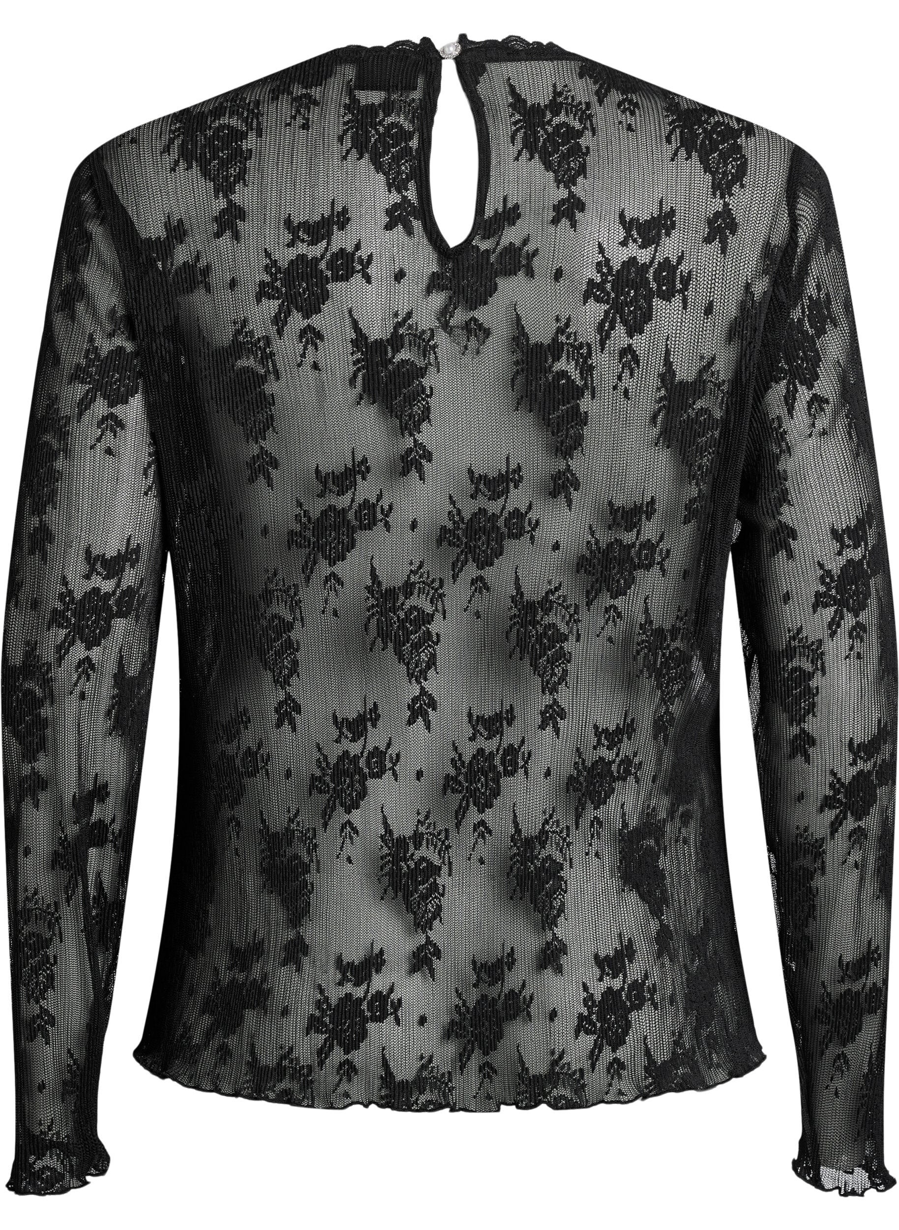 ZizziLang&auml;rmelige Bluse aus Mesh mit Spitzenmuster, Schwarz, Packshot image number 1