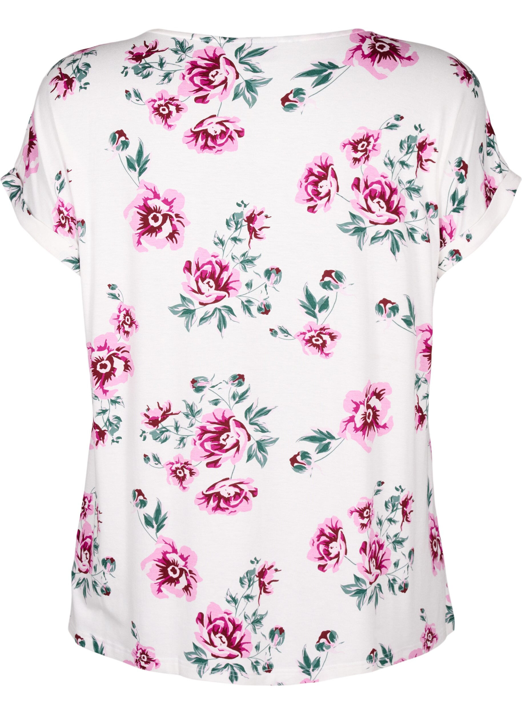 ZizziGebl&uuml;mte Bluse aus Viskose mit kurzen &Auml;rmeln, White Pink AOP, Packshot image number 1