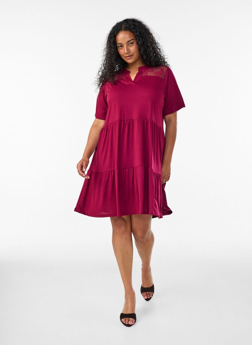 Jerseykleid mit Spitzendetails und mehrlagigem Rock, Rot, Model image number 1