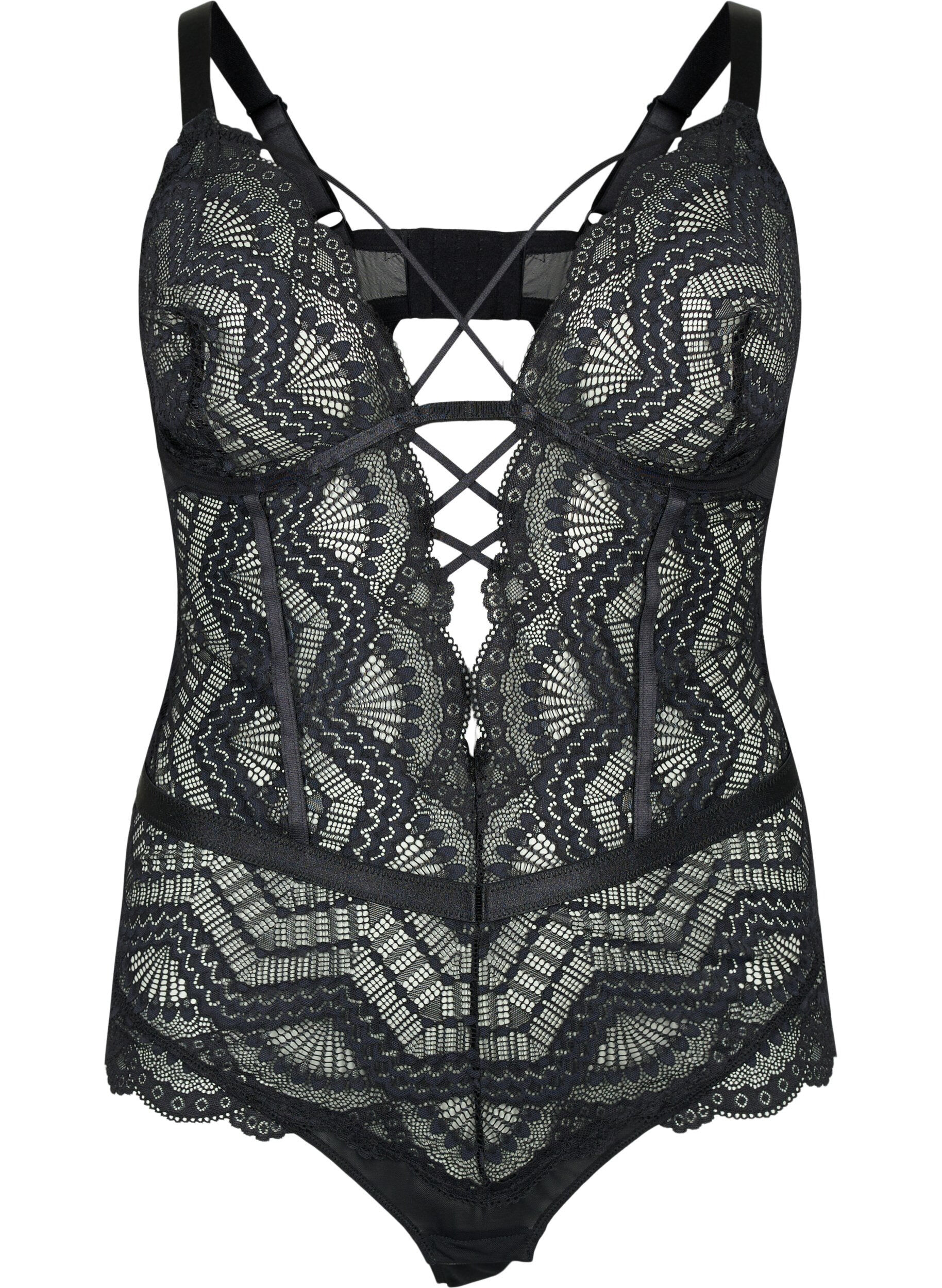 ZizziBodystocking aus Spitze mit Schn&uuml;ren, Schwarz, Packshot image number 0