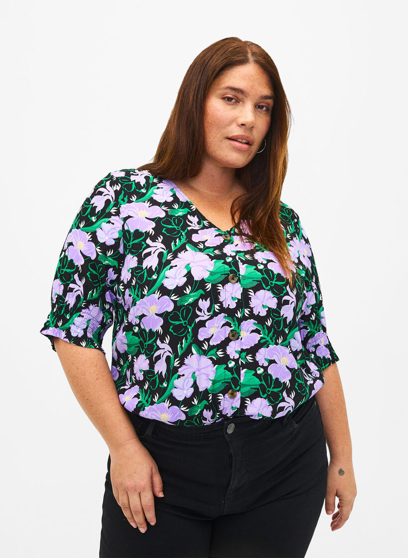  Viskosebluse mit Knöpfen, Black Small Flower, Model image number 0