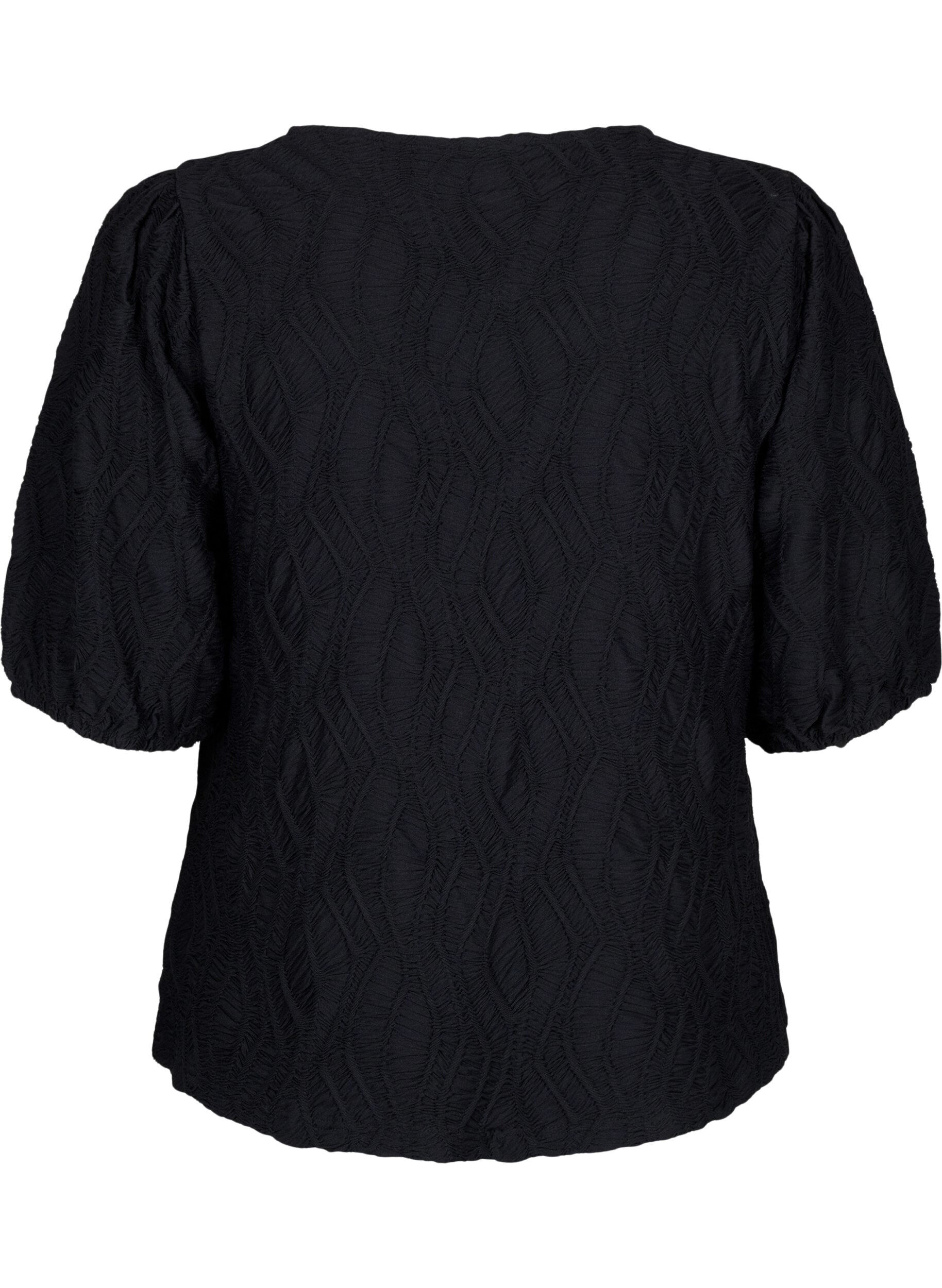 ZizziStrukturierte Bluse mit kurzen &Auml;rmeln, Black, Packshot image number 1