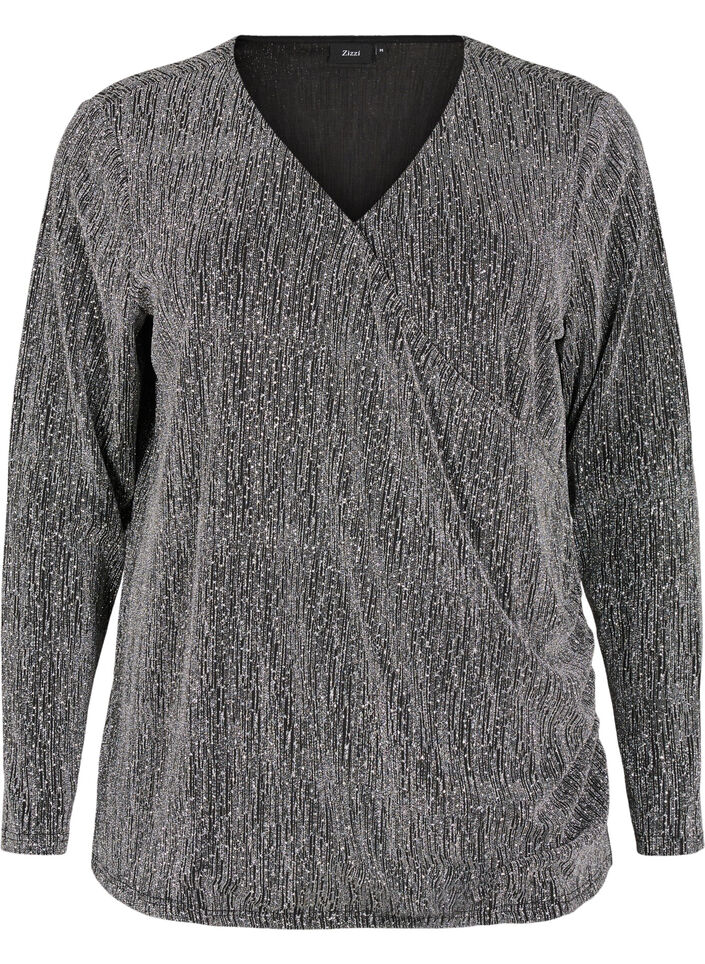 Glitzer-Party-Top mit Wickeloptik, Schwarz, Packshot image number 0