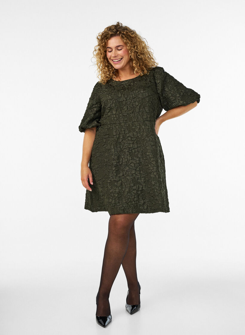 Kleid aus Jacquard mit Puff&auml;rmeln und A-Linie, Gr&uuml;n, Model image number 1