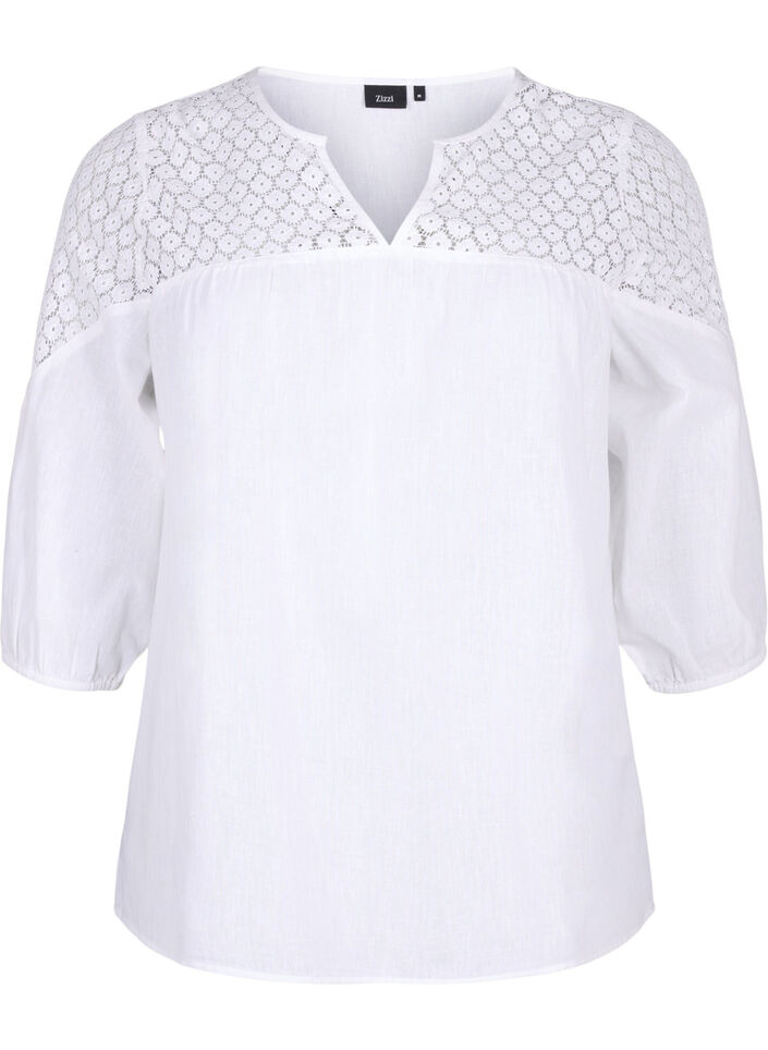 Bluse aus Baumwollmischung mit Leinen und H&auml;keldetails, Bright White, Packshot image number 0