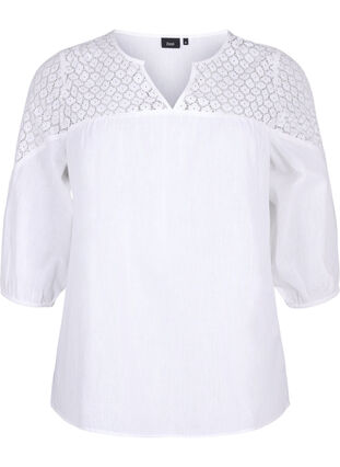 Bluse aus Baumwollmischung mit Leinen und Häkeldetails, Bright White, Packshot image number 0