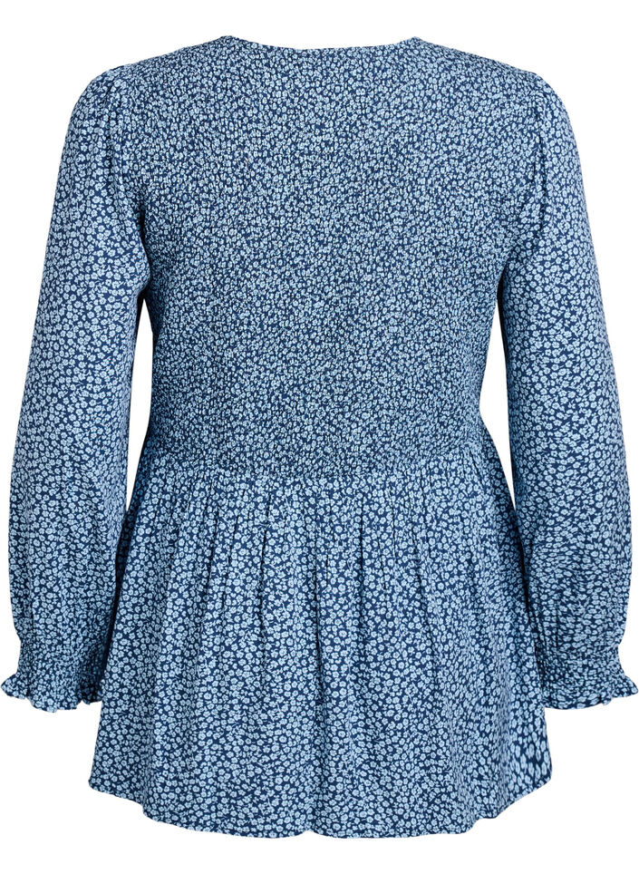Bluse mit gesmoktem Oberteil und gebl&uuml;mtem Print, Blau, Packshot image number 1