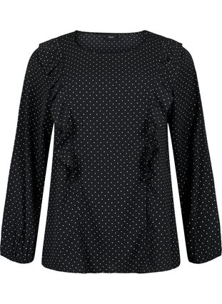 Langärmelige Bluse mit Rüschen, Black Dot, Packshot image number 0