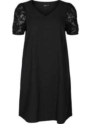 Kleid mit kurzen Spitzenärmeln und V-Ausschnitt, Black, Packshot image number 0