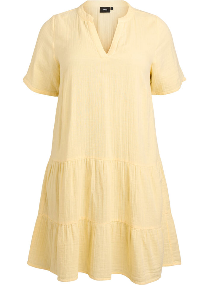Kurzes A-Linien-Kleid aus Baumwollmusselin, Gelb, Packshot image number 0