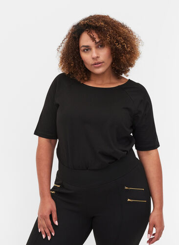 T-Shirt aus Baumwolle mit 2/4-Ärmeln, Black, Model image number 0