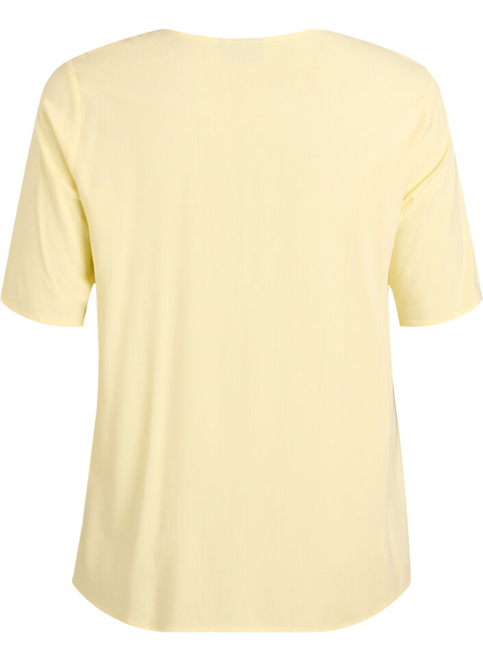 Kurz&auml;rmelige, gewebte Bluse mit Rundhals, Gelb, Packshot image number 1