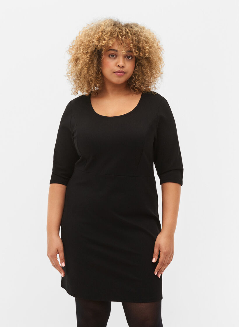 Unifarbenes Kleid mit 3/4 Ärmeln und Schlitz, Black, Model image number 0