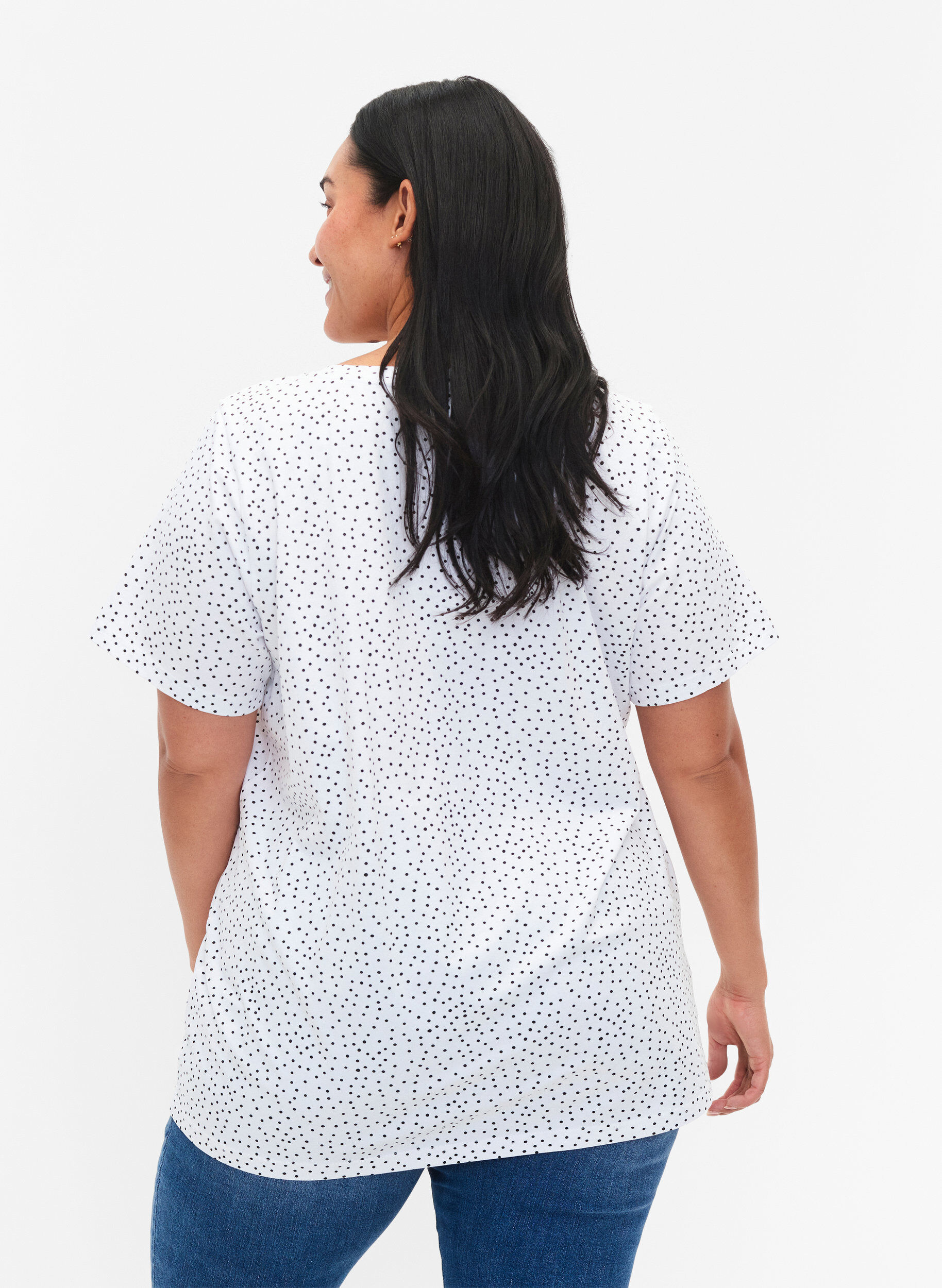 ZizziBaumwoll-T-Shirt mit Punkten und V-Ausschnitt, B.White/Black Dot, Model image number 1