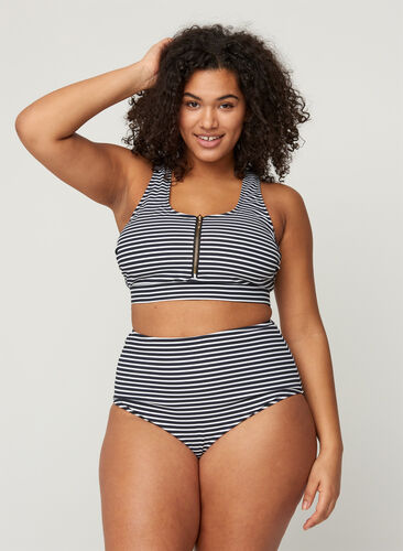 Gestreiftes Bikiniunterteil mit hoher Taille, Navy Striped, Model image number 0