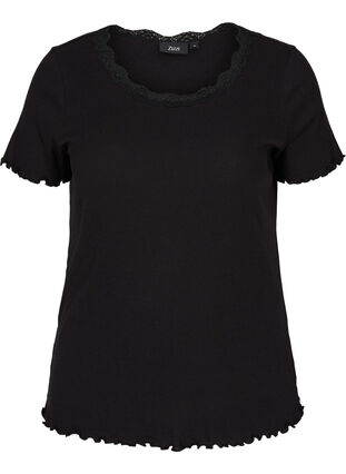 Kurzarm T-Shirt aus Ripp mit Spitze, Black, Packshot image number 0