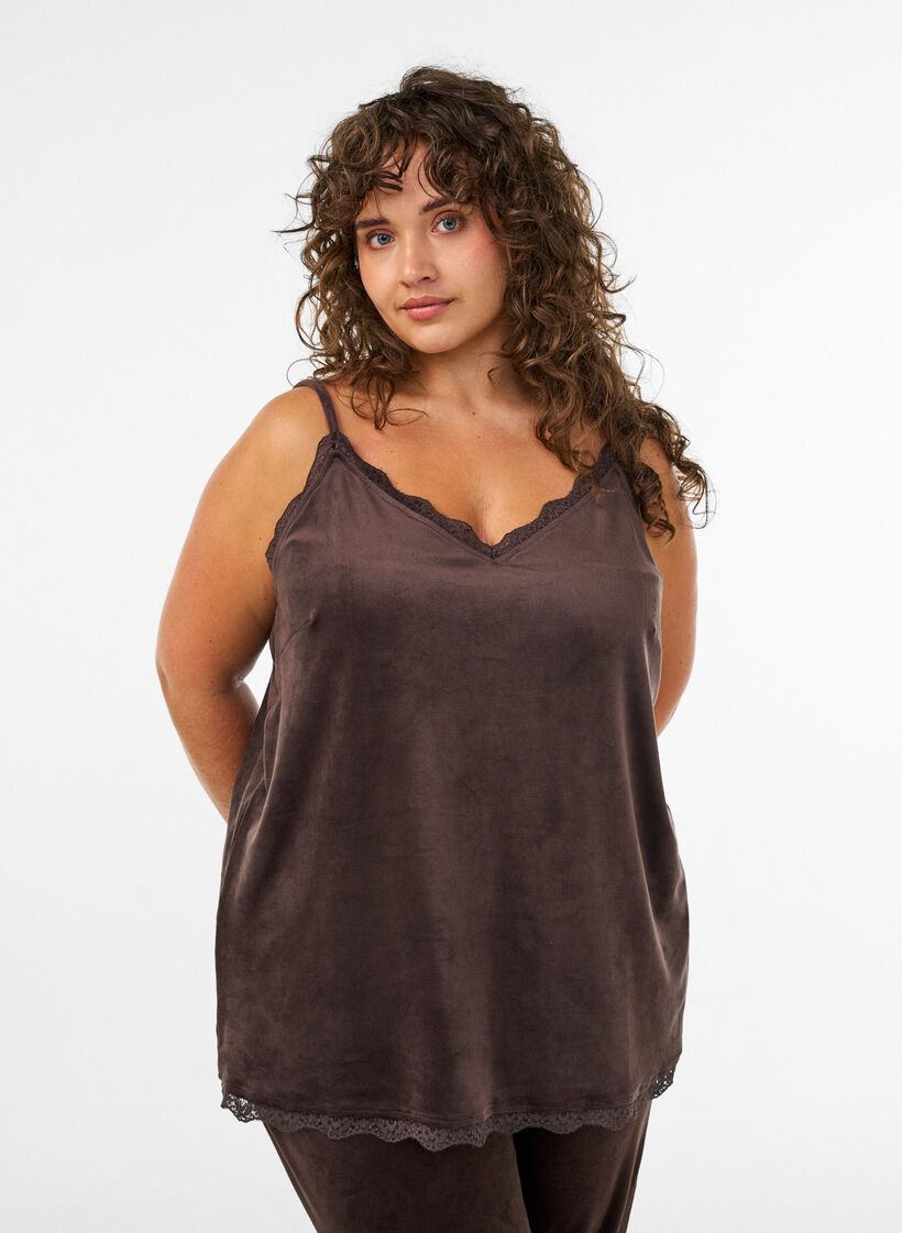 Top aus Velours mit Spitzen, Braun, Model image number 0