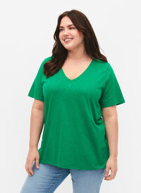 Kurzärmeliges Basic T-Shirt mit V-Ausschnitt, Jolly Green, Model