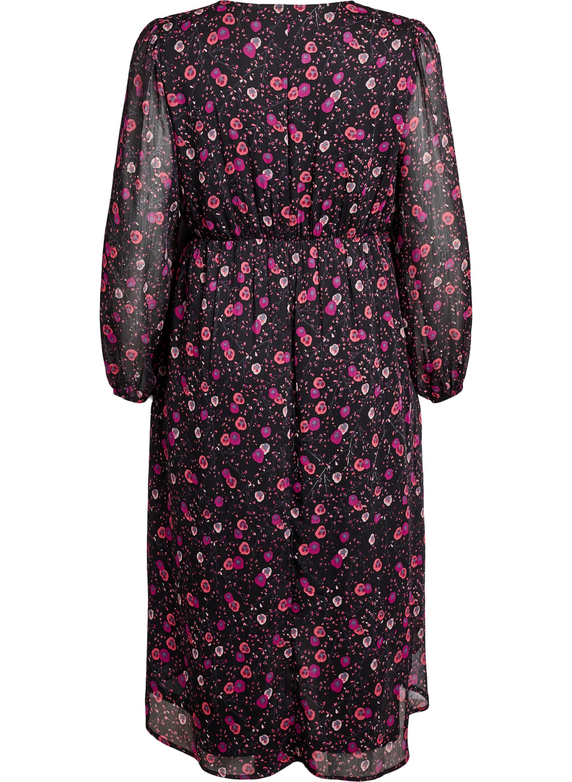 ZizziKleid aus Chiffon mit Blumenmuster und langen &Auml;rmeln, Schwarz, Packshot image number 1
