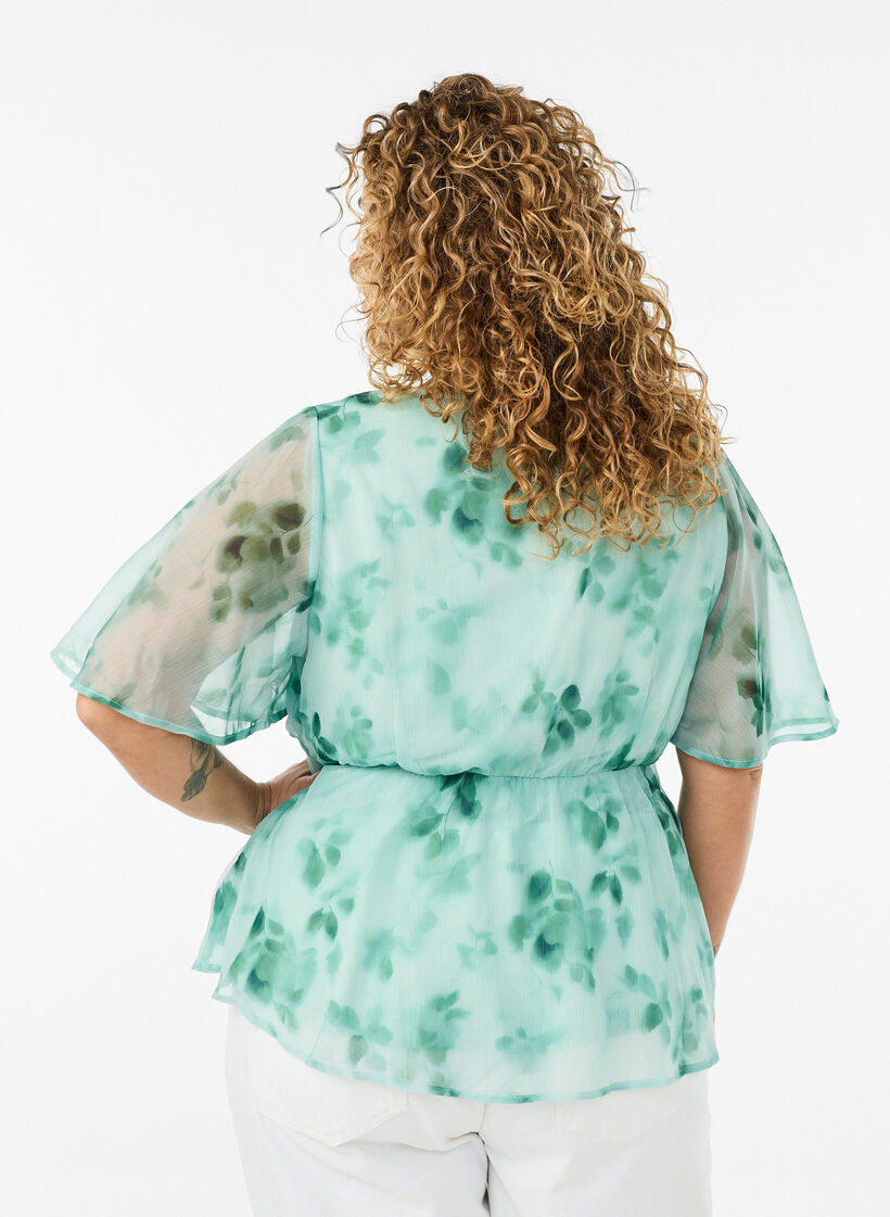 Gebl&uuml;mte Chiffonbluse mit kurzen &Auml;rmeln, Gr&uuml;n, Model image number 2