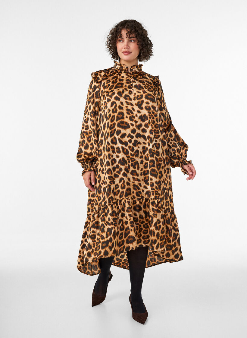 Kleid mit Leopardenmuster und R&uuml;schendetails, Braun, Model image number 0
