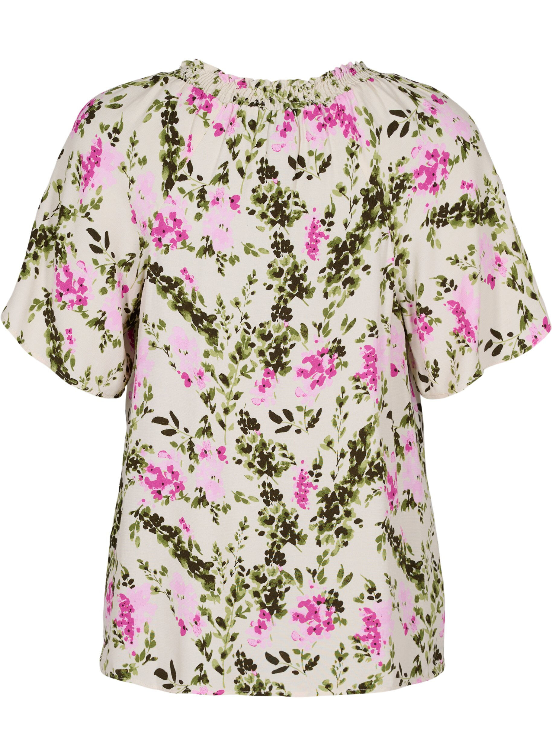 ZizziViskosebluse mit kurzen &Auml;rmeln, Green Pink AOP, Packshot image number 1