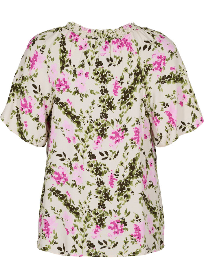 Viskosebluse mit kurzen Ärmeln, Green Pink AOP, Packshot image number 1