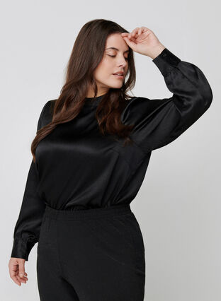 Shiny Bluse mit langen Puffärmeln, Black, Model image number 0
