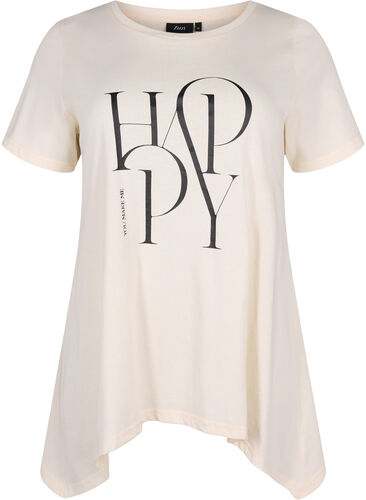 T-Shirt aus Baumwolle mit Textdruck, Buttercream HAPPY, Packshot image number 0