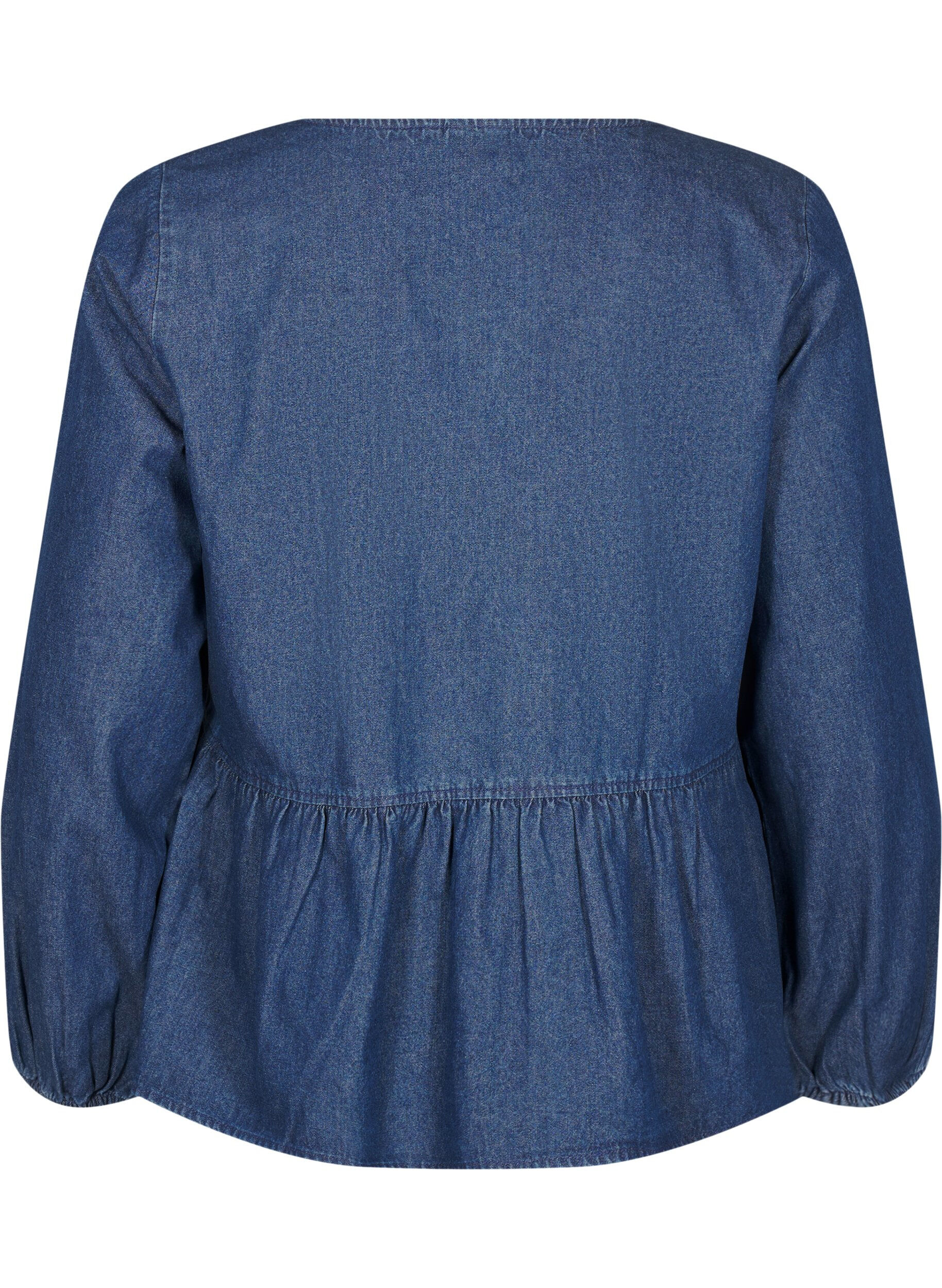 ZizziPeplum-Bluse aus Denim mit Bindeverschluss, Blau, Packshot image number 1