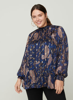 Bluse mit Print, hohem Kragen und Smock, Paisley Foil, Model image number 0