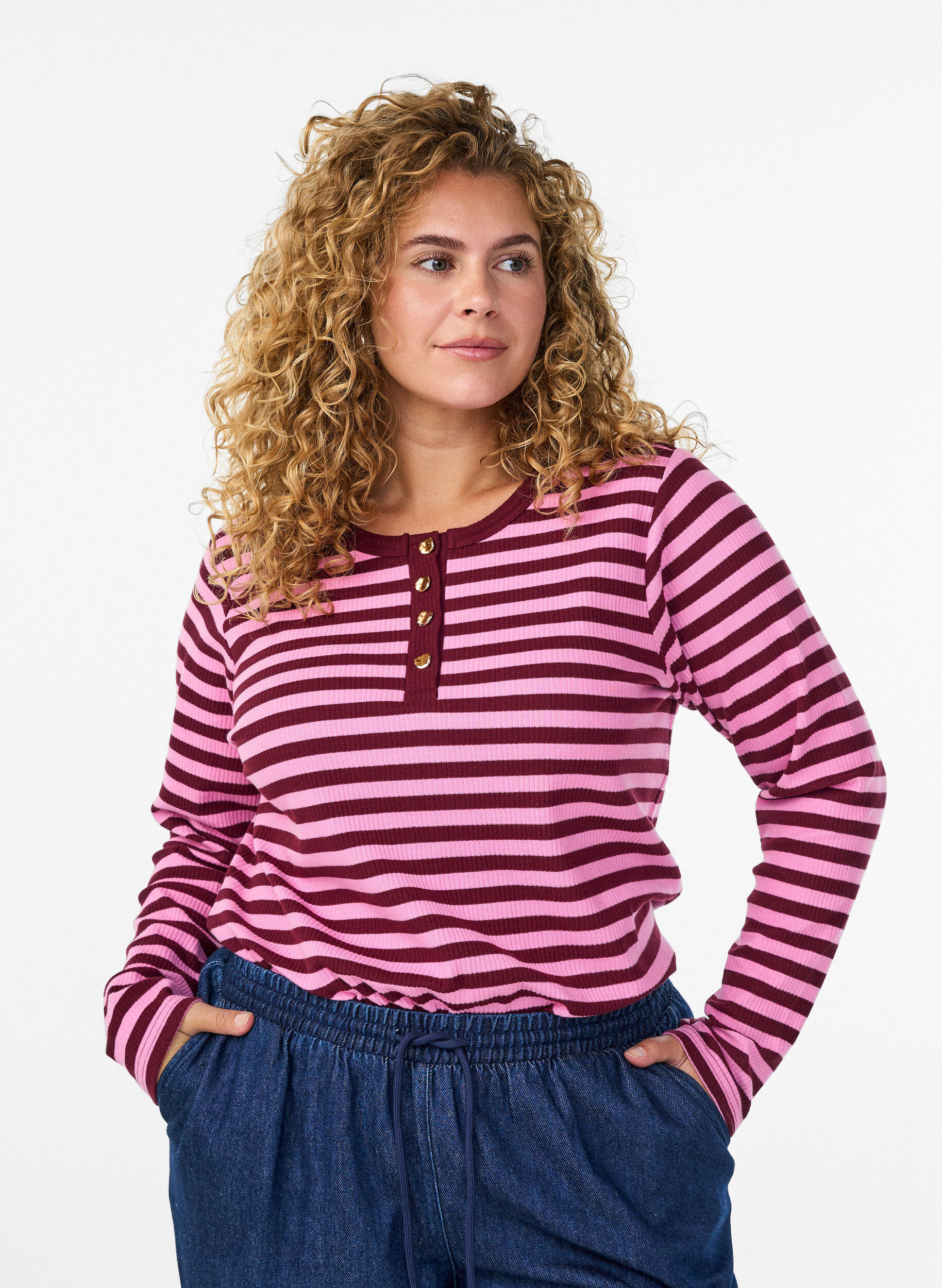 ZizziGestreifte Jerseybluse mit Rippstruktur, Pink, Model image number 0