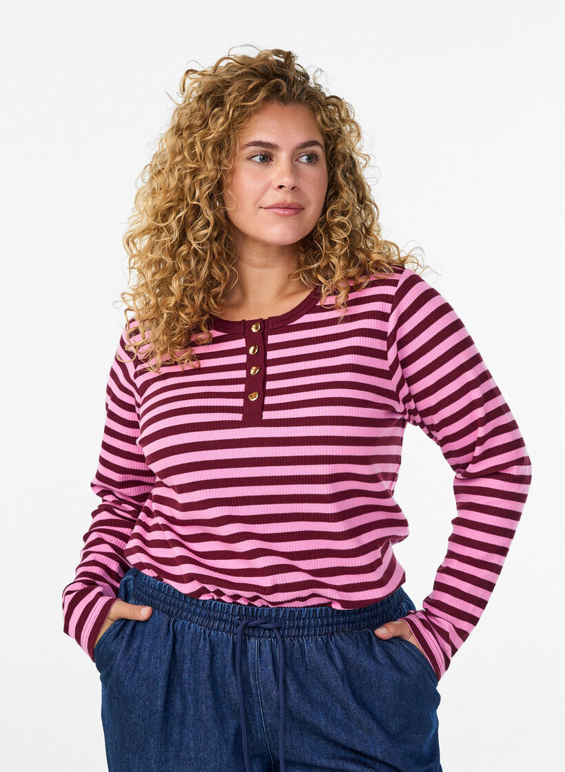 Gestreifte Jerseybluse mit Rippstruktur, Pink, Model image number 0