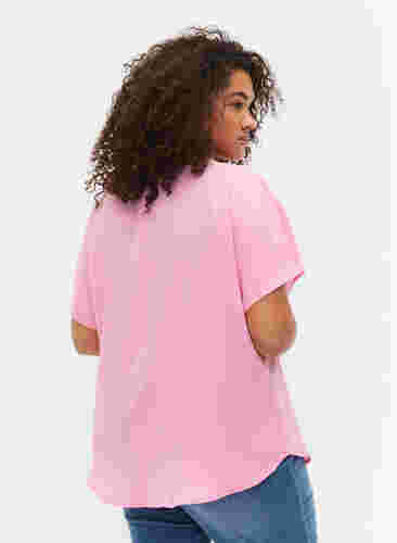 Bluse mit kurzen Ärmeln und Rundhalsausschnitt, Rosebloom, Model image number 1