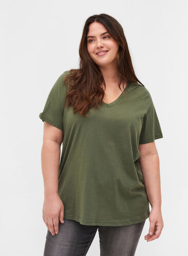 T-Shirt aus Bio-Baumwolle mit V-Ausschnitt, Thyme, Model image number 0