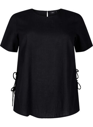 Kurzärmlige Bluse aus Baumwoll-Mix mit Leinen und Spitzendetail, Black, Packshot image number 0