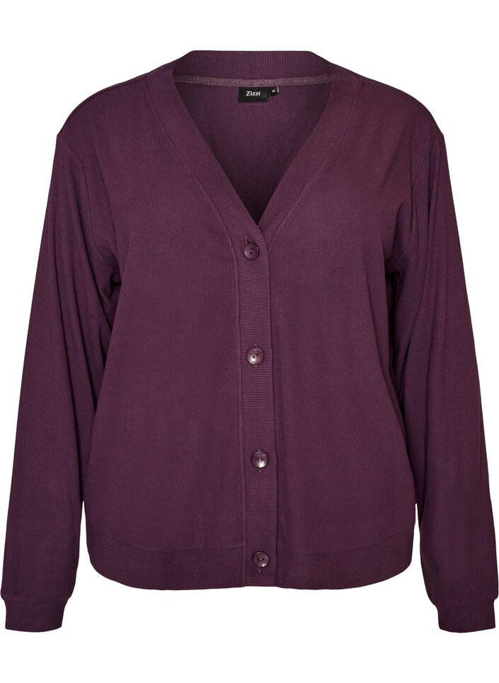 Gerippte Jersey-Strickjacke mit V-Ausschnitt, Lila, Packshot image number 0