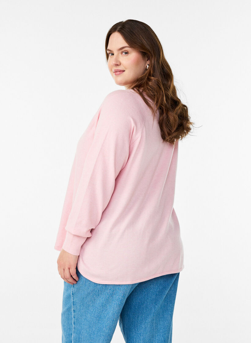Bluse aus Feinstrick mit V-Ausschnitt und Detail auf der Vorderseite, Pink, Model image number 2