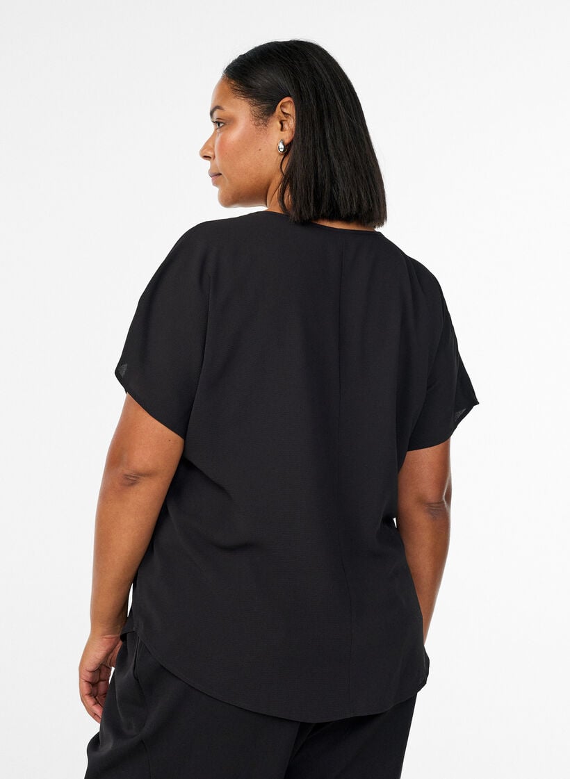 Bluse mit kurzen &Auml;rmeln und Rundhalsausschnitt, Schwarz, Model image number 2