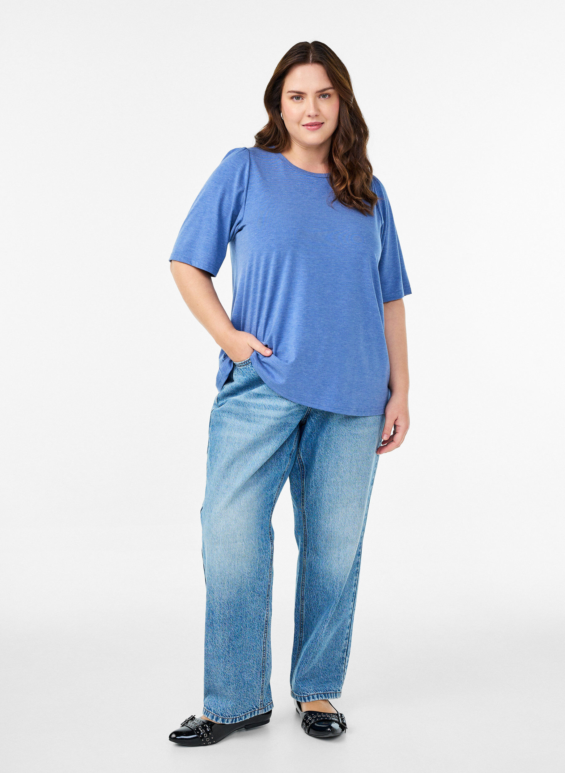 ZizziT-Shirt mit Glitzer und kurzen Puff&auml;rmeln, Blau, Model image number 1