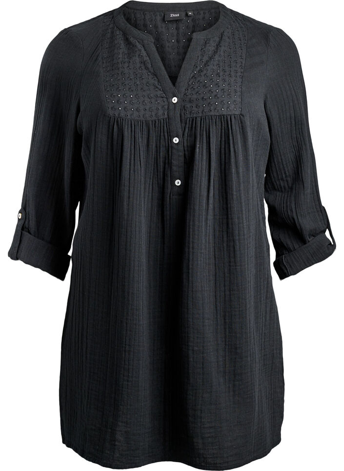 Tunika aus Baumwollmusselin mit Broderie Anglaise, Schwarz, Packshot image number 0