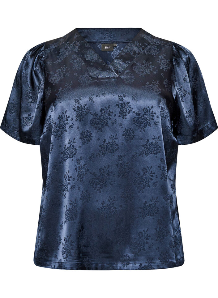 Gebl&uuml;mte Bluse aus Satin mit V-Ausschnitt, Blau, Packshot image number 0